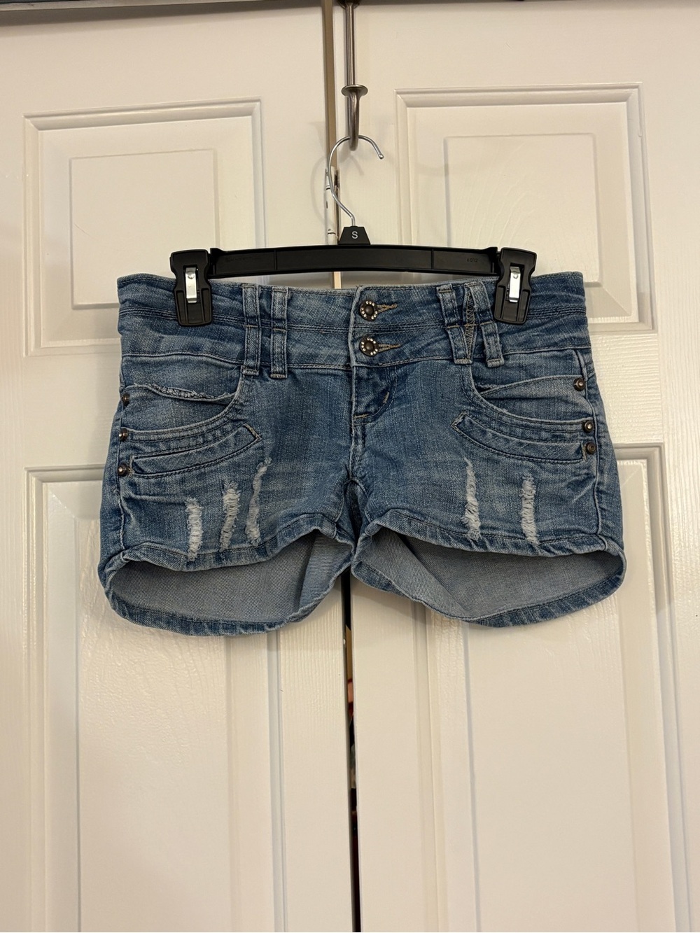Vintage BB Low Rise Denim Micro Shorts Distressed Double Button Sz 2/4 14.5"W